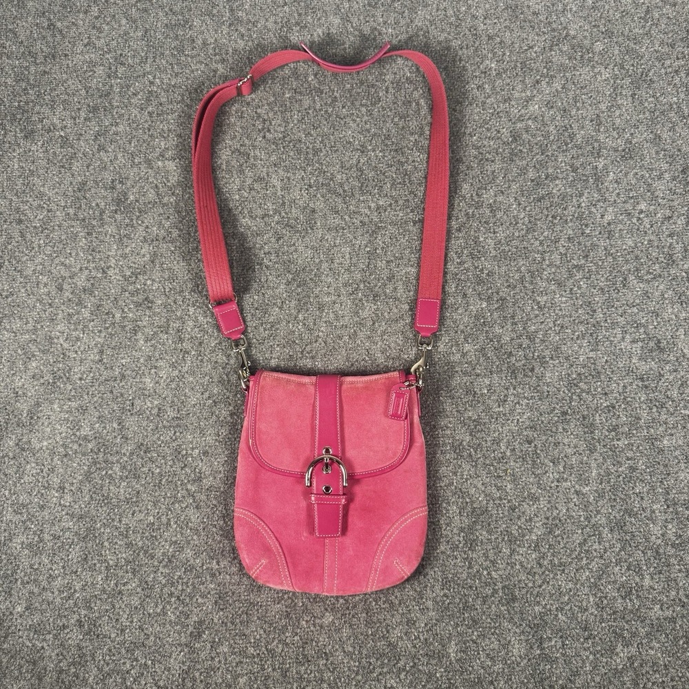 Vintage Y2K Coach Pink Suede Soho Flap Shoulder Bag Crossbody Buckle Purse